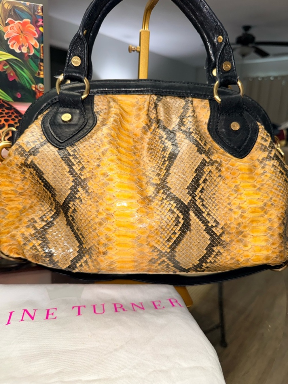 Elaine Turner Yellow Python-Print Satchel with dust bag - Picture 2 of 6